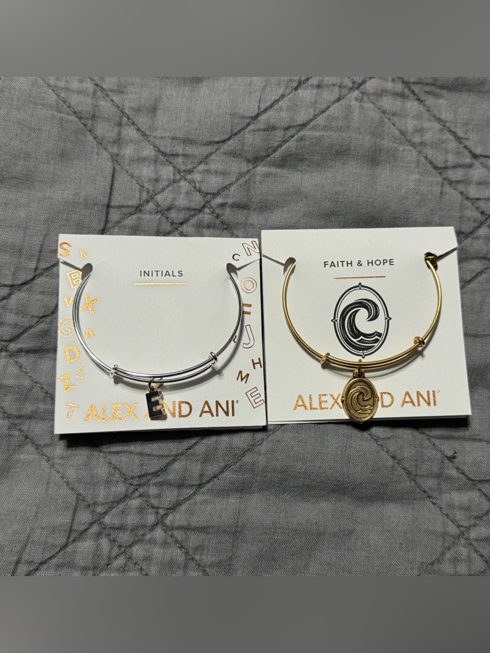 Alex and Ani Silver Initial E and Gold Faith & Hope Charms Bangle Set